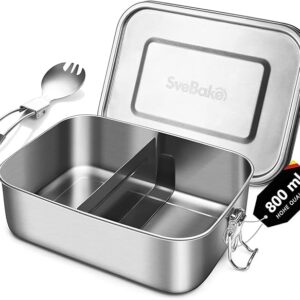 SveBake Lunch Box in acciaio inox a prova di perdite, 800 ml, contenitore per il pranzo in metallo con scomparti – adatto per la scuola, bambini e adulti, con posate
