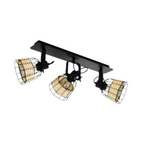 Plafoniera da Soffitto con 3 Faretti Orientabili in Metallo Nero e Rattan Naturale, Attacco E27, Stile Boho Vintage Moderno per Soggiorno, Camera da Letto, Cucina e Corridoio