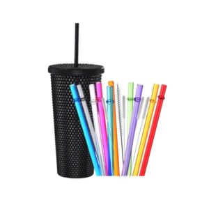 Tazza da Viaggio 650 ml con Coperchio e Cannuccia, Bicchiere Riutilizzabile a Doppia Parete con Effetto Diamante, Include 10 Cannucce Colorate e 5 Scovolini per Pulizia, Nero