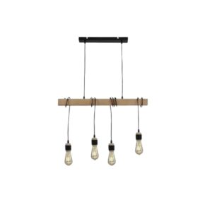 Lampadario Industriale a 4 Luci E27, Sospensione Vintage in Legno e Metallo Nero, Altezza Regolabile, Plafoniera Stile Loft per Soggiorno, Cucina, Sala da Pranzo, Camera da Letto, Lampadine Non Incluse