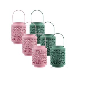 Set 6 Lanterne Solari da Esterno in Metallo con Gancio – 3 Rosa Pastello + 3 Azzurro Chiaro – Luci Solari Decorative da Appendere per Giardino, Balcone, Terrazza e Gazebo