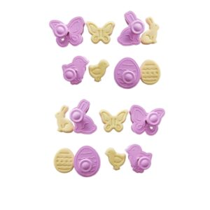 Set 8 Formine per Biscotti e Decorazioni Dolci, 2 Set da 4 Stampi a Pressione con Impugnatura e Molla, Rilascio Facile della Frolla, Forme Uovo Farfalla Coniglio Pulcino, Colore Viola